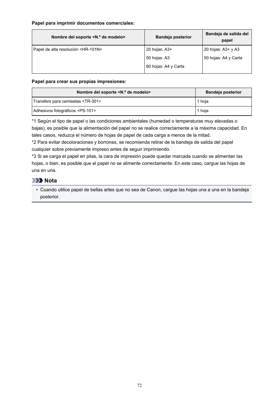 Papel normal (incluido el papel reciclado), Gp-601, Pp-201 | Sg-201, Nota | Canon PIXMA iP8750 Manual del usuario | Página 72 / 421