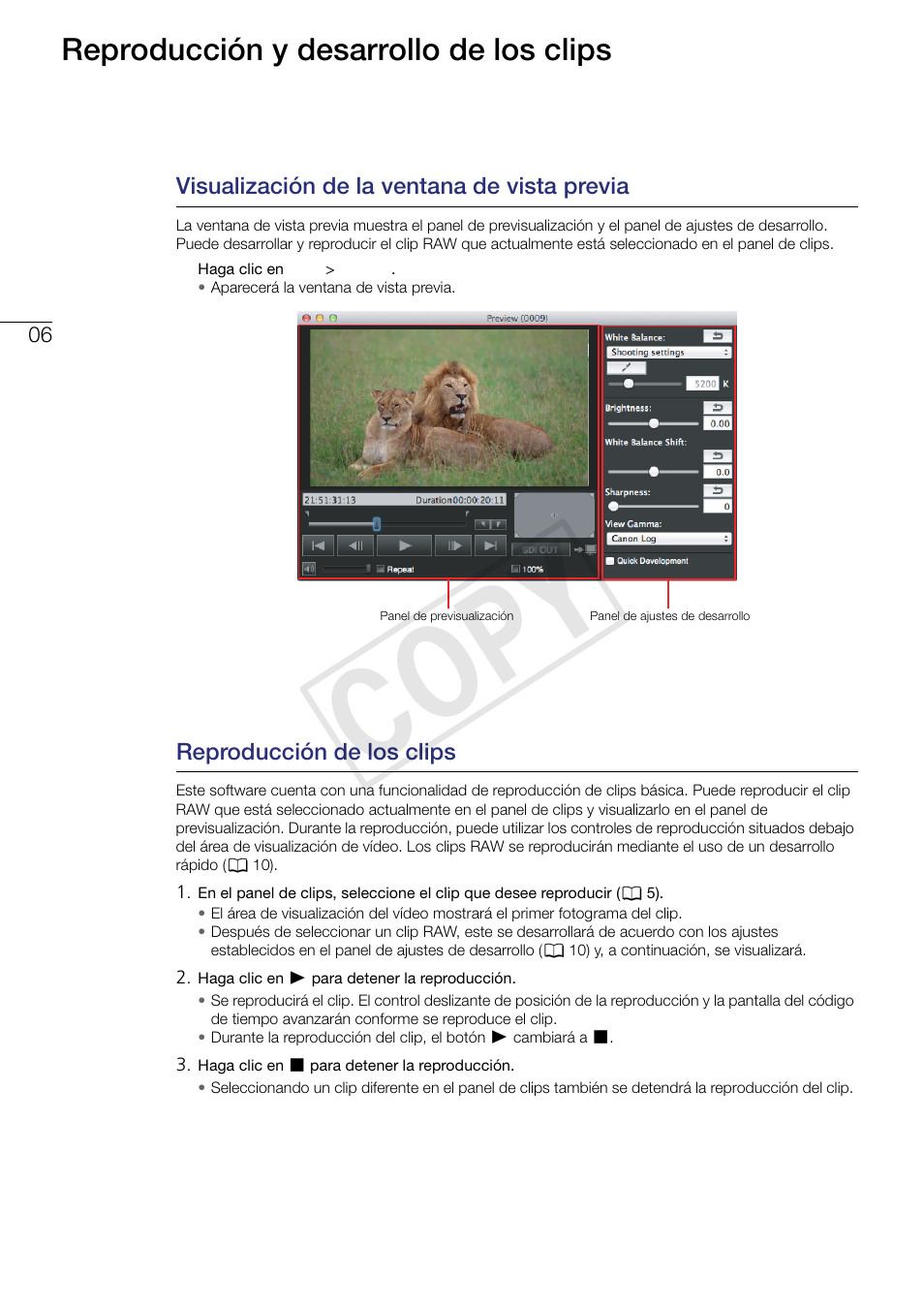 Reproducción y desarrollo de los clips, Visualización de la ventana de vista previa, Reproducción de los clips | Cop y | Canon EOS C500 Manual del usuario | Página 6 / 25