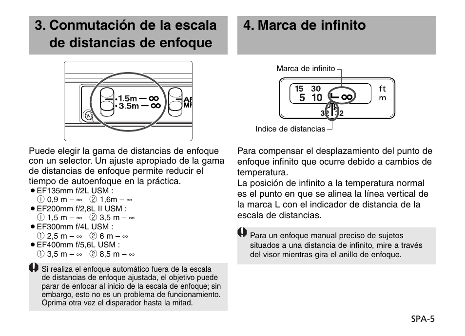 Marca de infinito, Conmutación de la escala de distancias de enfoque | Canon EF 135mm f2L USM Manual del usuario | Página 6 / 15