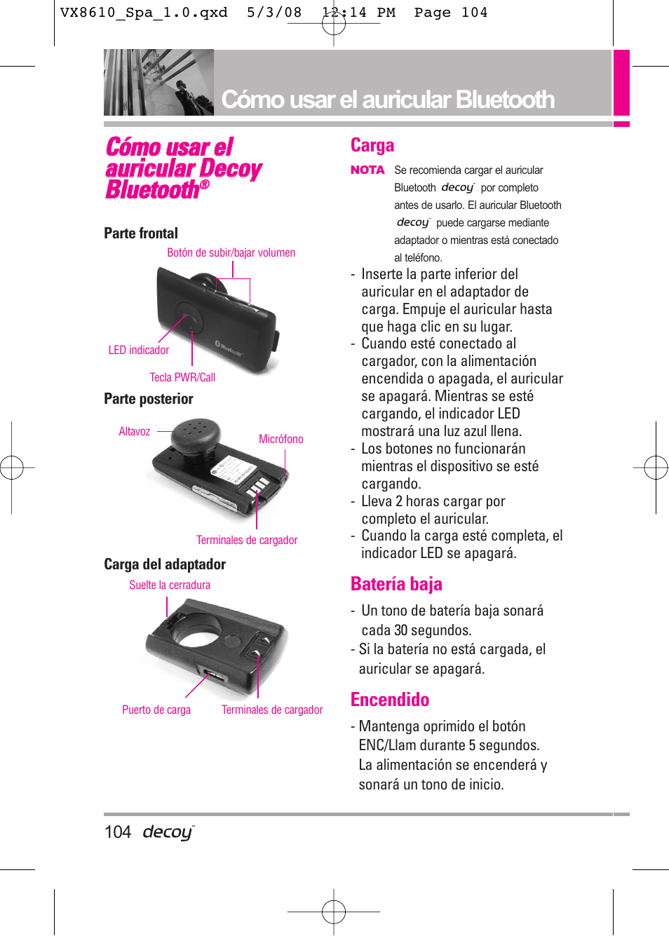 Cómo usar el auricular bluetooth | LG LGVX8610LK Manual del usuario | Página 104 / 149