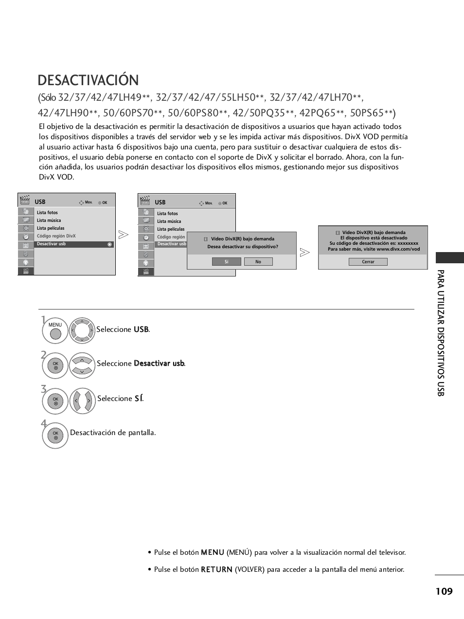 Desactivación, Par a utilizar dispositiv os usb | LG 32LH40 Manual del usuario | Página 111 / 180