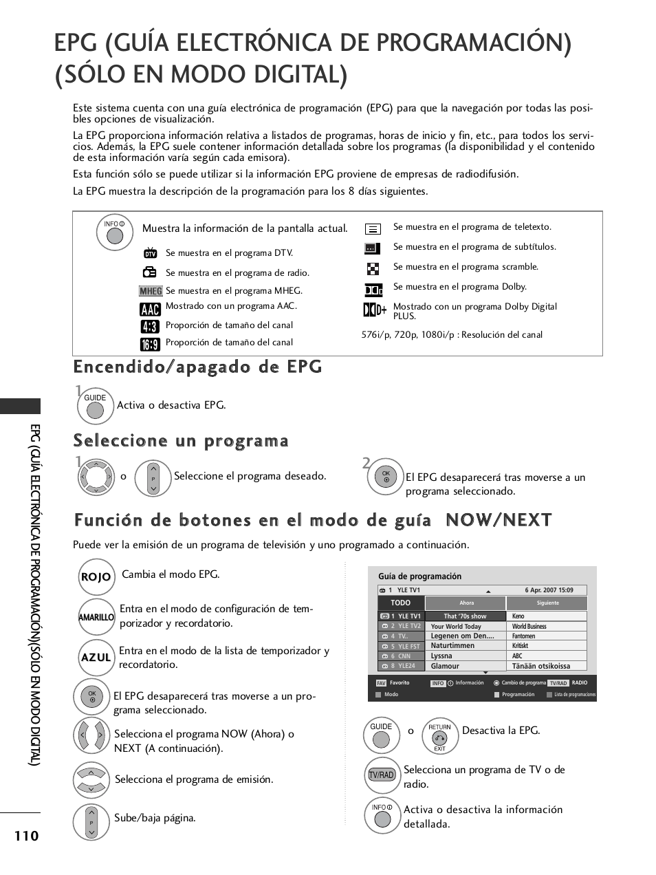 Encendido/apagado de epg, Seleccione un programa, Función de botones en el modo de guía now/next | LG 32LH40 Manual del usuario | Página 112 / 180
