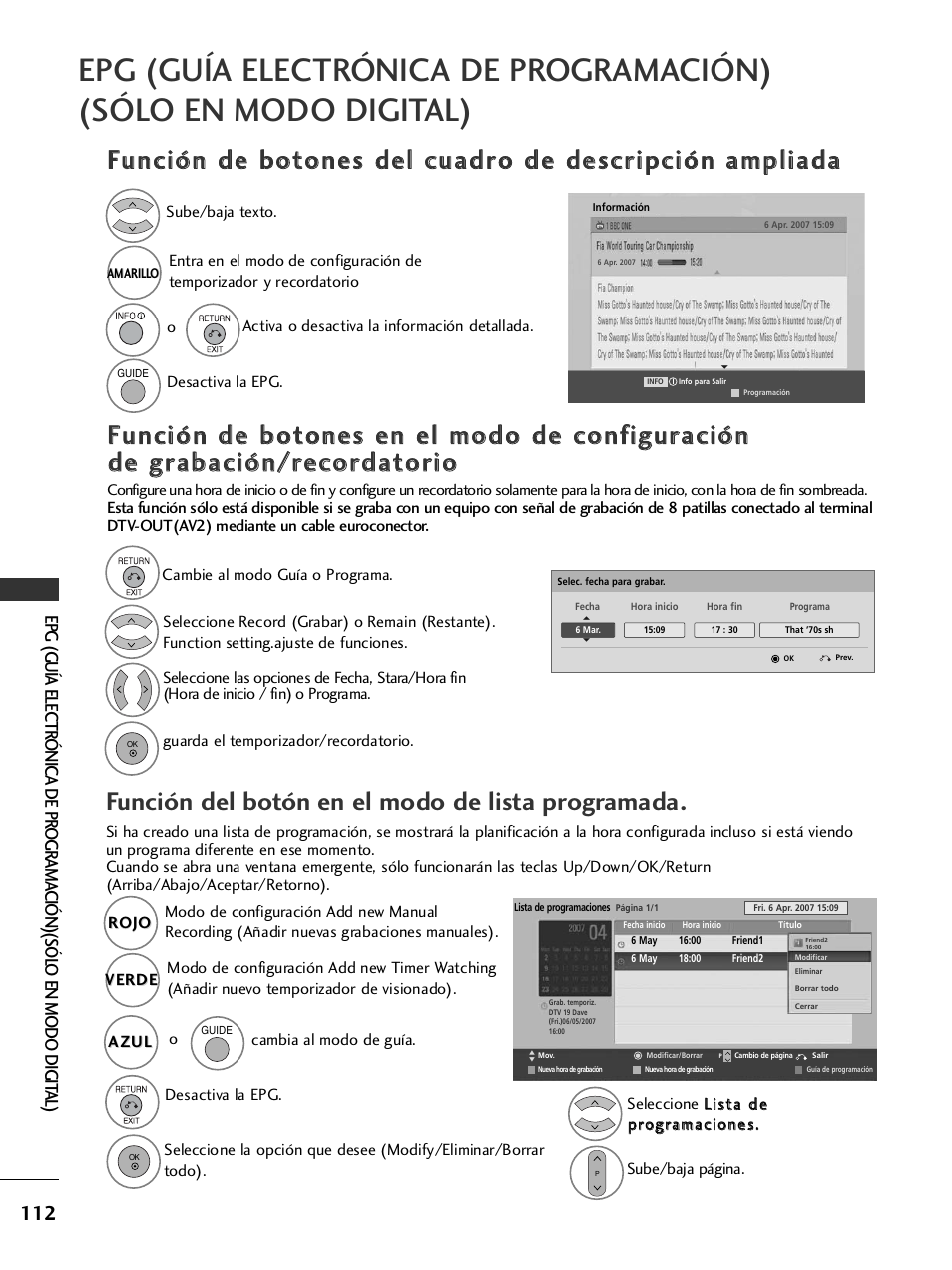 Función del botón en el modo de lista programada | LG 32LH40 Manual del usuario | Página 114 / 180