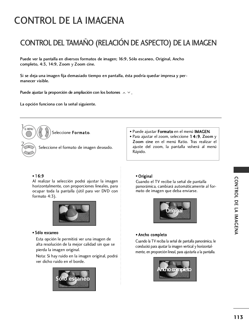 Control de la imagena, Sólo escaneo, Original ancho completo | LG 32LH40 Manual del usuario | Página 115 / 180