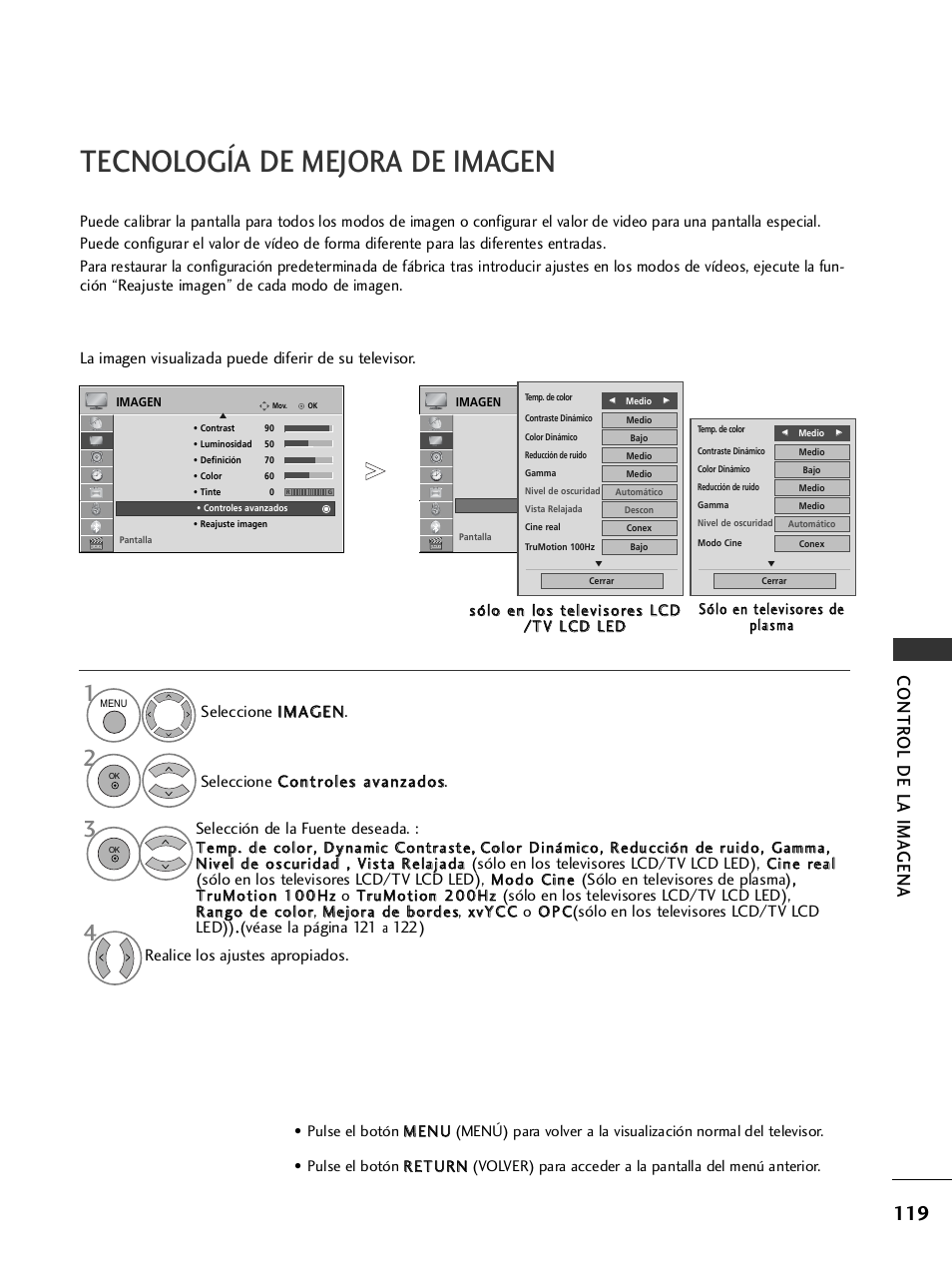 Tecnología de mejora de imagen, Contr ol de la ima gena | LG 32LH40 Manual del usuario | Página 121 / 180