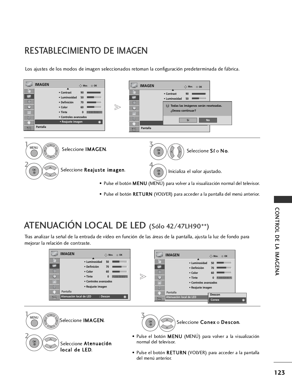 Restablecimiento de imagen, Atenuación local de led, Contr ol de la ima gena | LG 32LH40 Manual del usuario | Página 125 / 180
