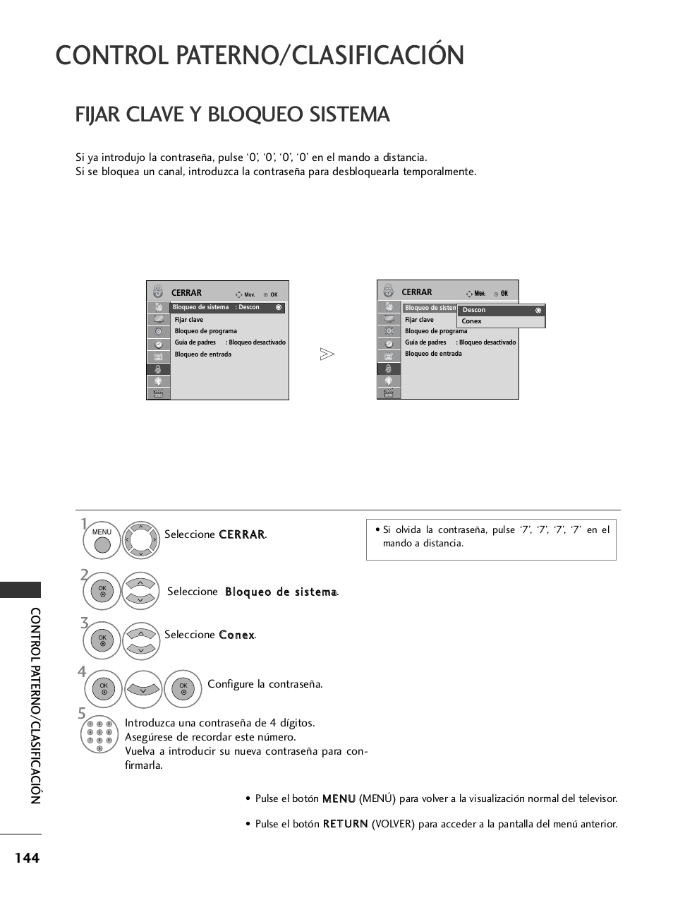Control paterno/clasificación, Fijar clave y bloqueo sistema, Contr ol p aterno/clasifica ción | LG 32LH40 Manual del usuario | Página 146 / 180