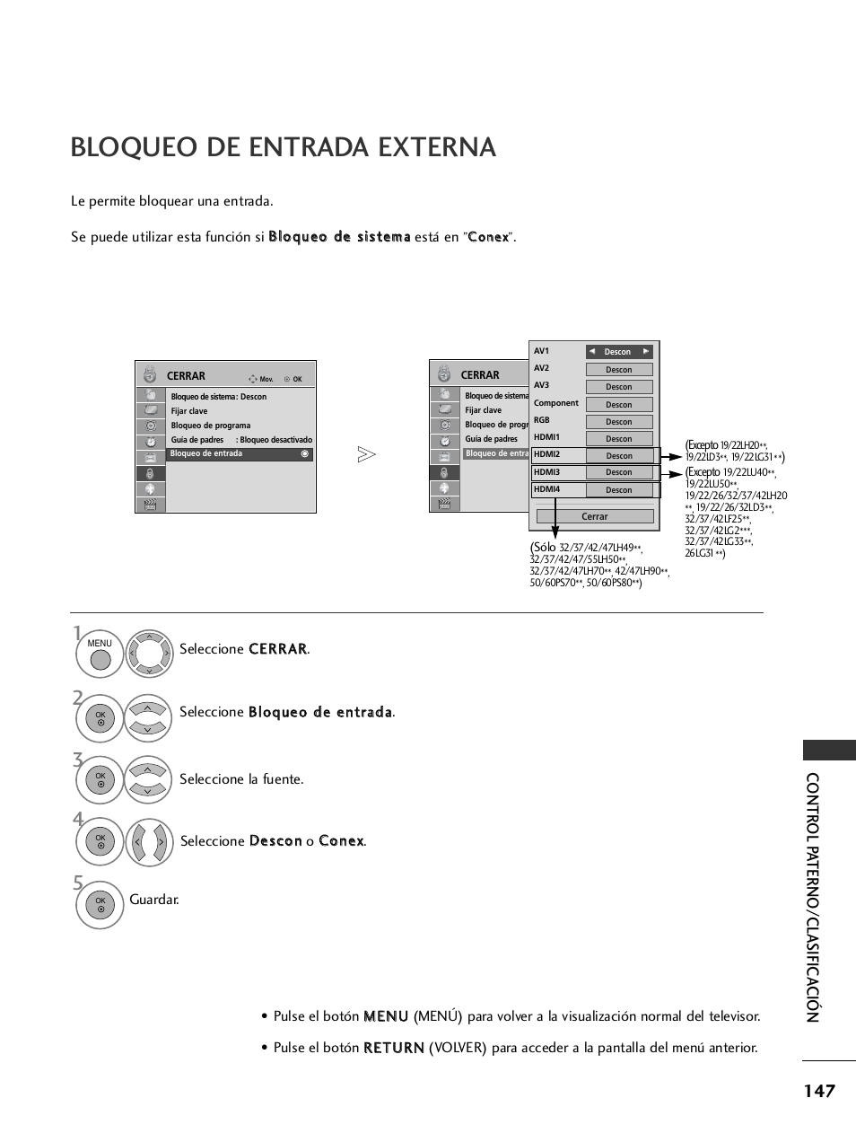 Bloqueo de entrada externa, Contr ol p aterno/clasifica ción | LG 32LH40 Manual del usuario | Página 149 / 180