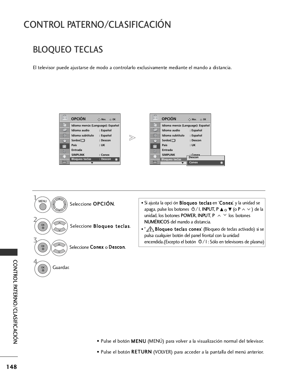 Bloqueo teclas, Control paterno/clasificación, Contr ol p aterno/clasifica ción | LG 32LH40 Manual del usuario | Página 150 / 180
