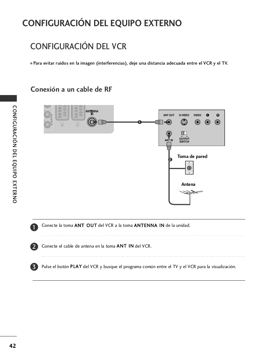 Configuración del vcr, Configuración del equipo externo, Conexión a un cable de rf | LG 32LH40 Manual del usuario | Página 44 / 180