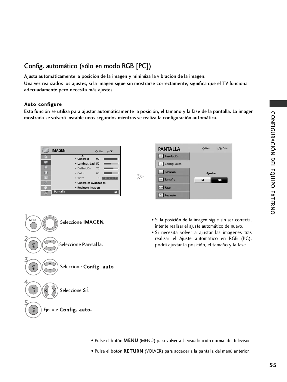 Config. automático (sólo en modo rgb [pc]), Configur a ción del eq uipo externo | LG 32LH40 Manual del usuario | Página 57 / 180