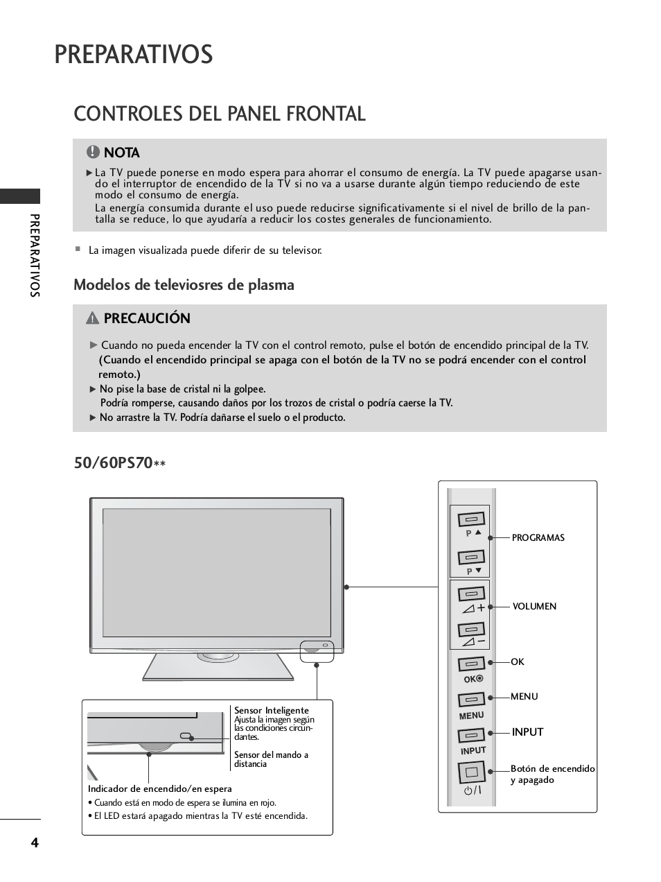 Preparativos, Controles del panel frontal, Modelos de televiosres de plasma | Precaución, Nota | LG 32LH40 Manual del usuario | Página 6 / 180