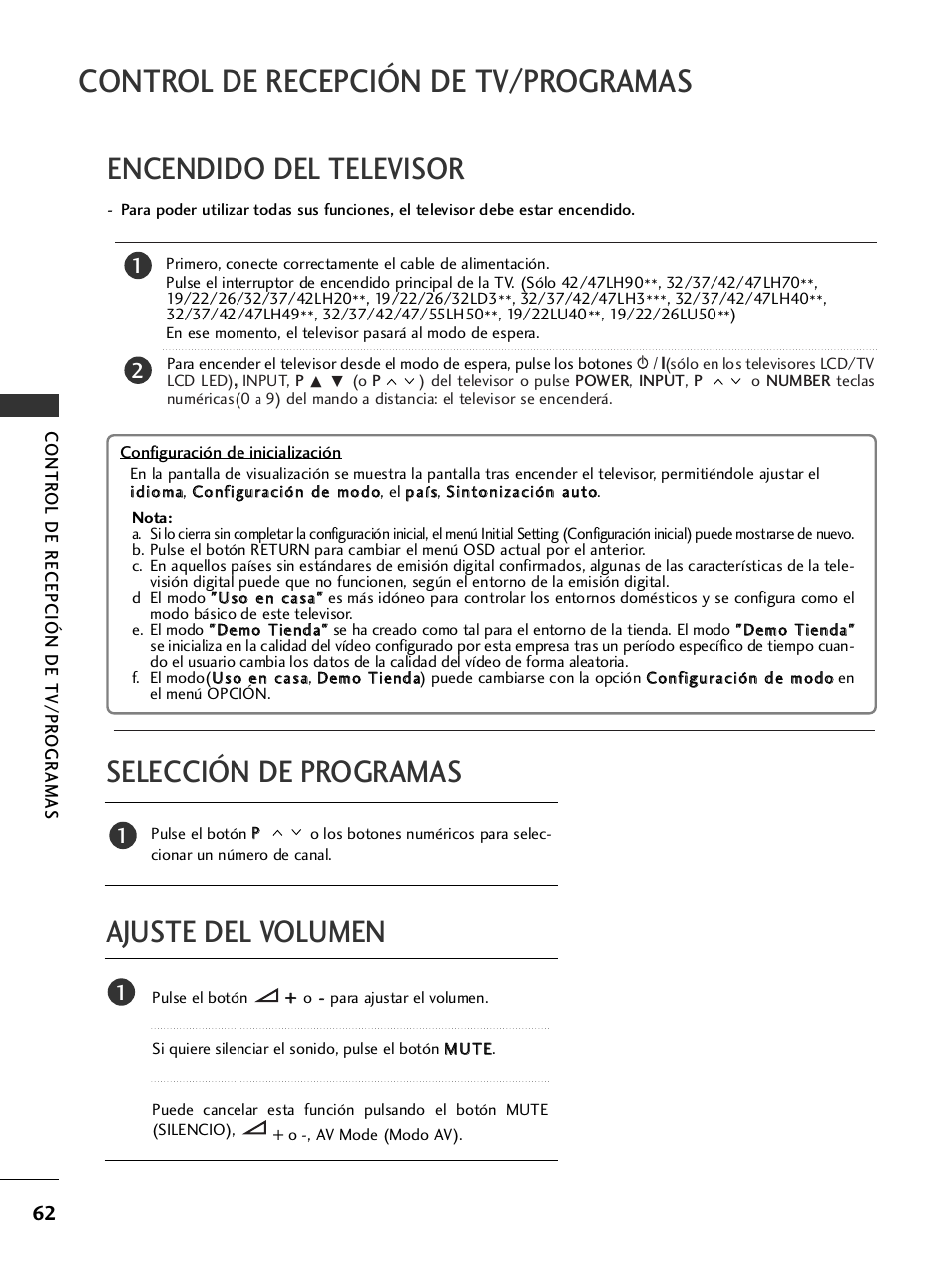 Encendido del televisor, Selección de programas, Ajuste del volumen | Control de recepción de tv/programas | LG 32LH40 Manual del usuario | Página 64 / 180