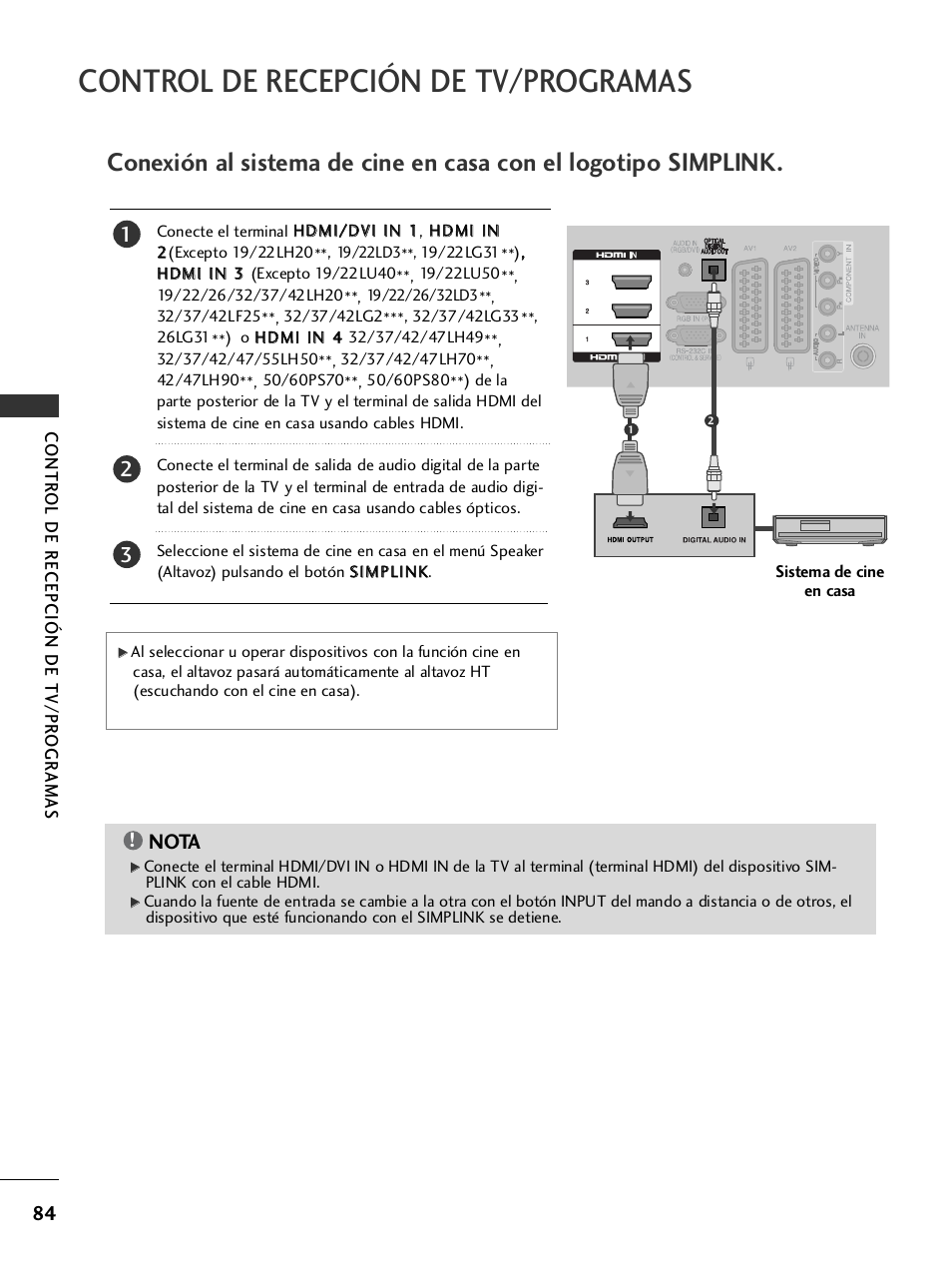 Control de recepción de tv/programas, Nota | LG 32LH40 Manual del usuario | Página 86 / 180