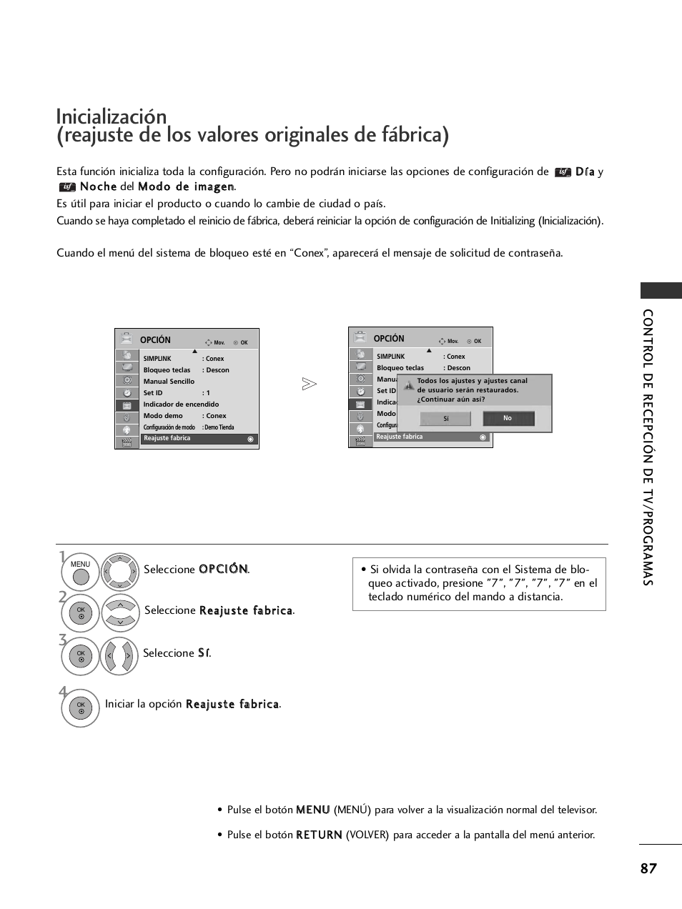 Inicialización, Contr ol de recepción de tv/pr ogr amas | LG 32LH40 Manual del usuario | Página 89 / 180