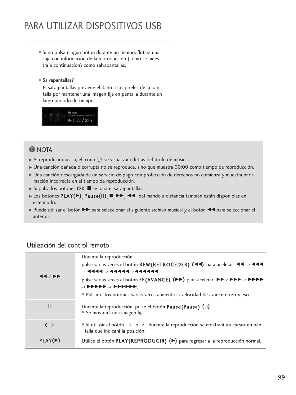 Para utilizar dispositivos usb, Utilización del control remoto, Nota | LG M1962D-PZ Manual del usuario | Página 101 / 124