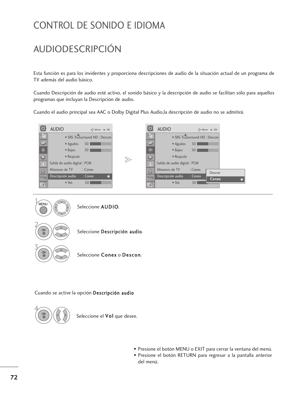 Audiodescripción, Control de sonido e idioma | LG M1962D-PZ Manual del usuario | Página 74 / 124