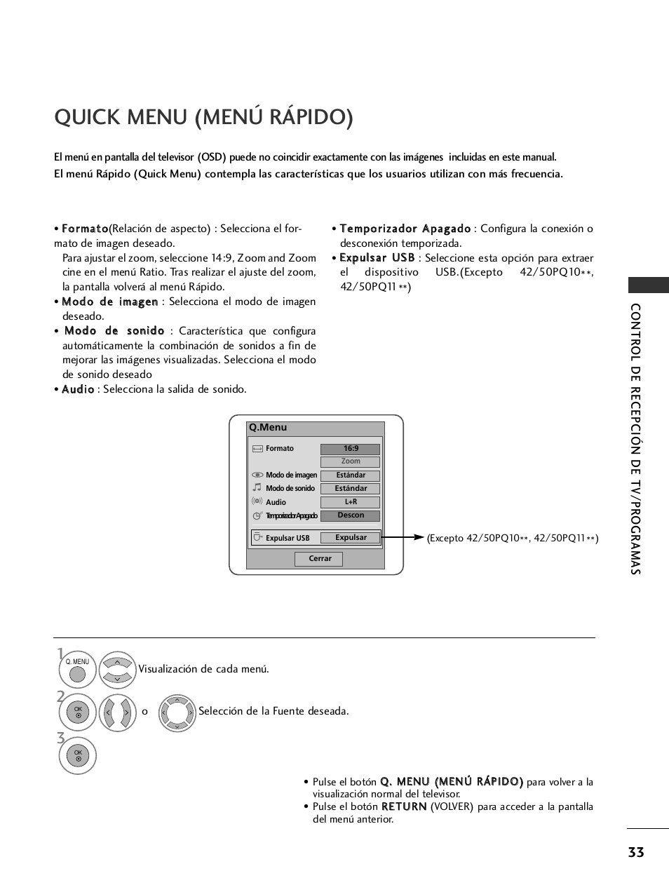 Quick menu (menú rápido) | LG 50PS3000 Manual del usuario | Página 35 / 124