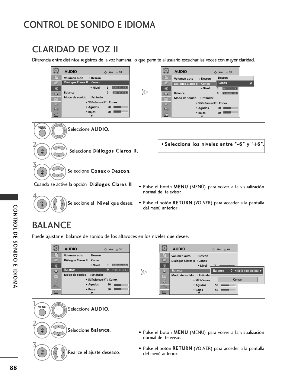 Claridad de voz ii, Balance, Control de sonido e idioma | Contr ol de sonido e idioma | LG 50PS3000 Manual del usuario | Página 90 / 124