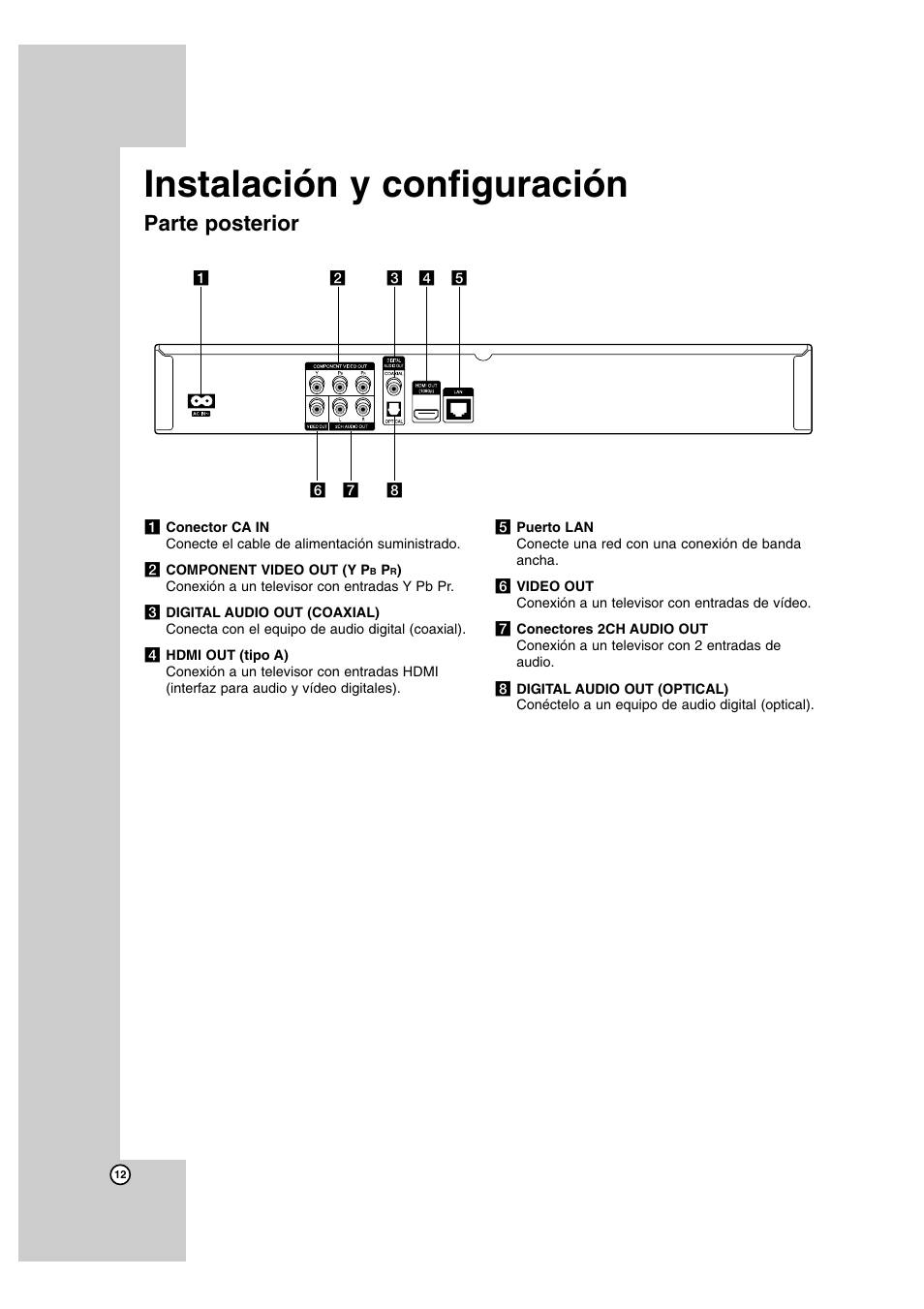 Instalación y configuración, Parte posterior | LG BD300 Manual del usuario | Página 12 / 40