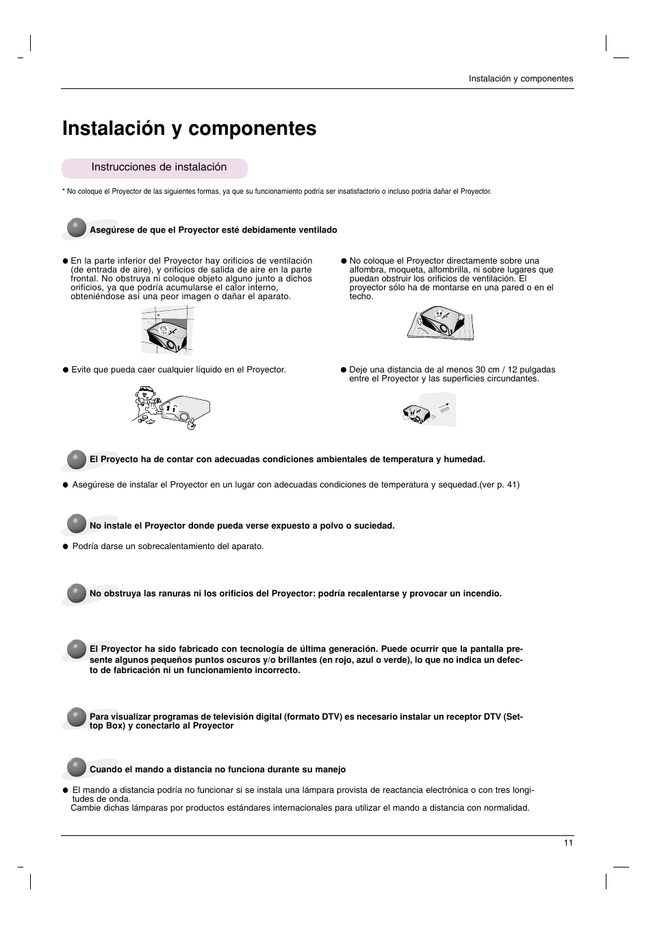 Instalación y componentes, Instrucciones de instalación | LG HS200 Manual del usuario | Página 11 / 42