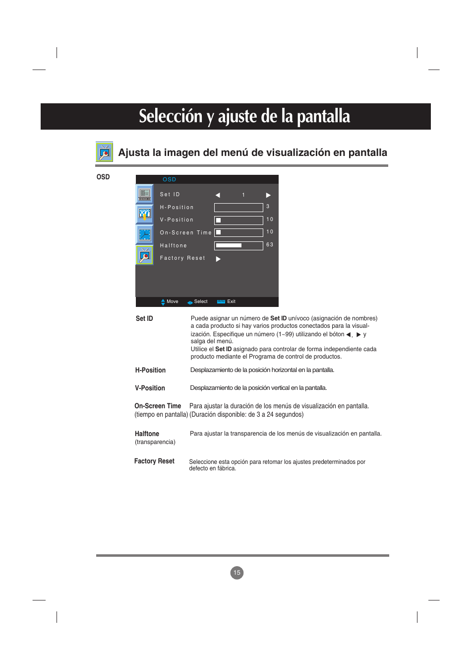 Selección y ajuste de la pantalla | LG M2900S-BN Manual del usuario | Página 16 / 32