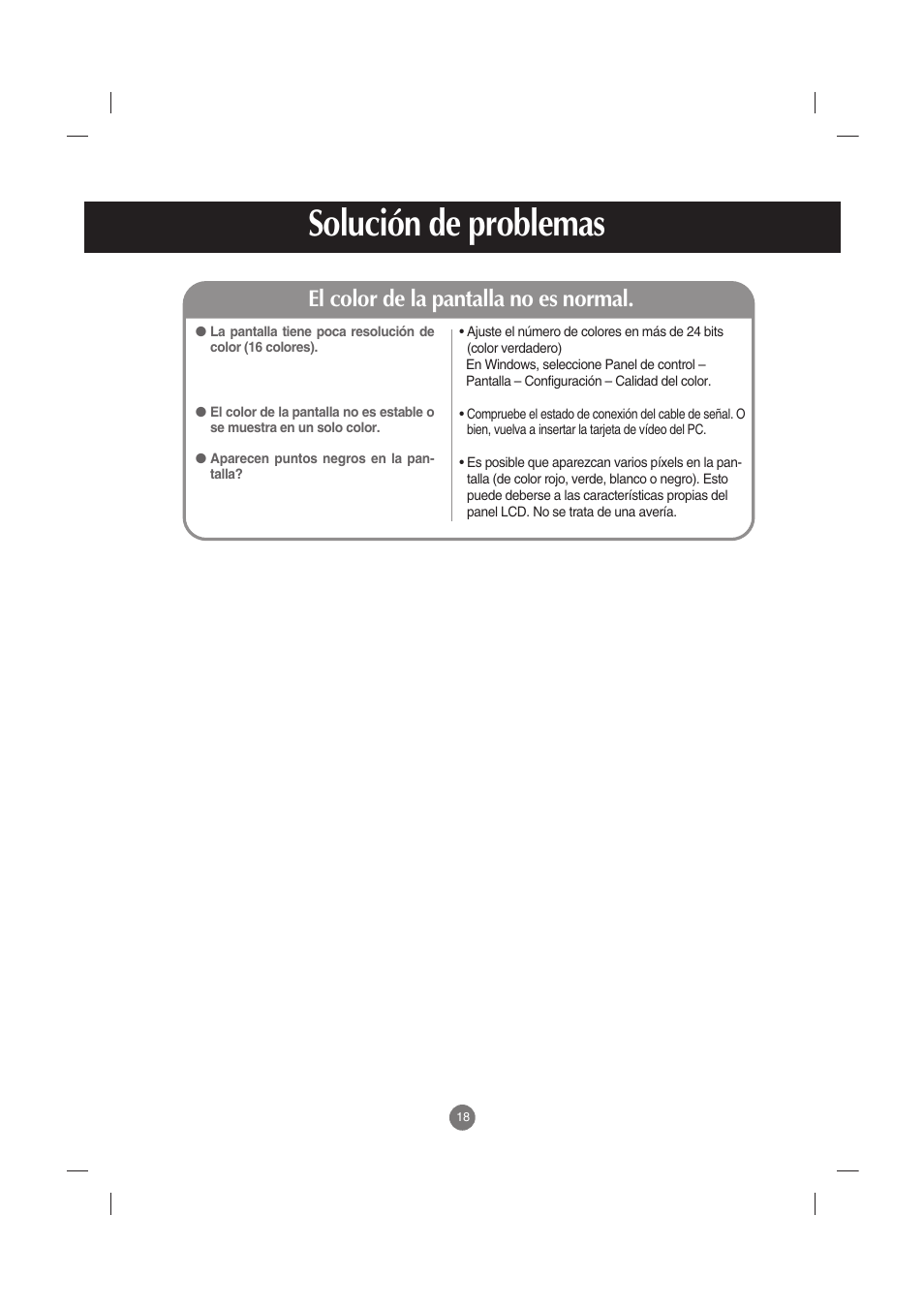 El color de la pantalla no es normal, Solución de problemas | LG M2900S-BN Manual del usuario | Página 19 / 32