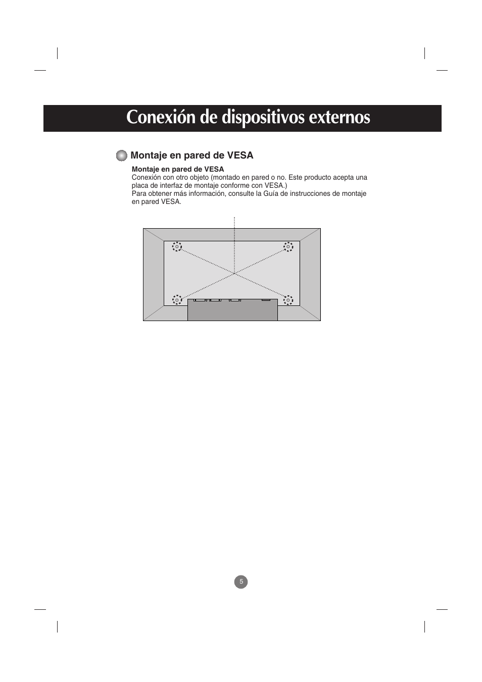 Montaje en pared de vesa, Conexión de dispositivos externos | LG M2900S-BN Manual del usuario | Página 6 / 32