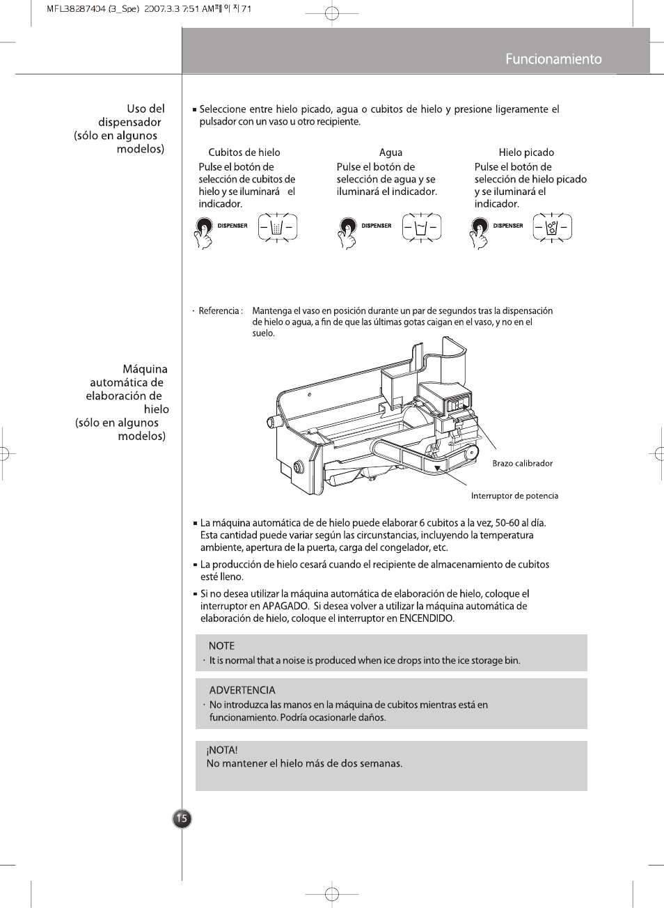 Funcionamiento | LG GRB2376EXR Manual del usuario | Página 15 / 36