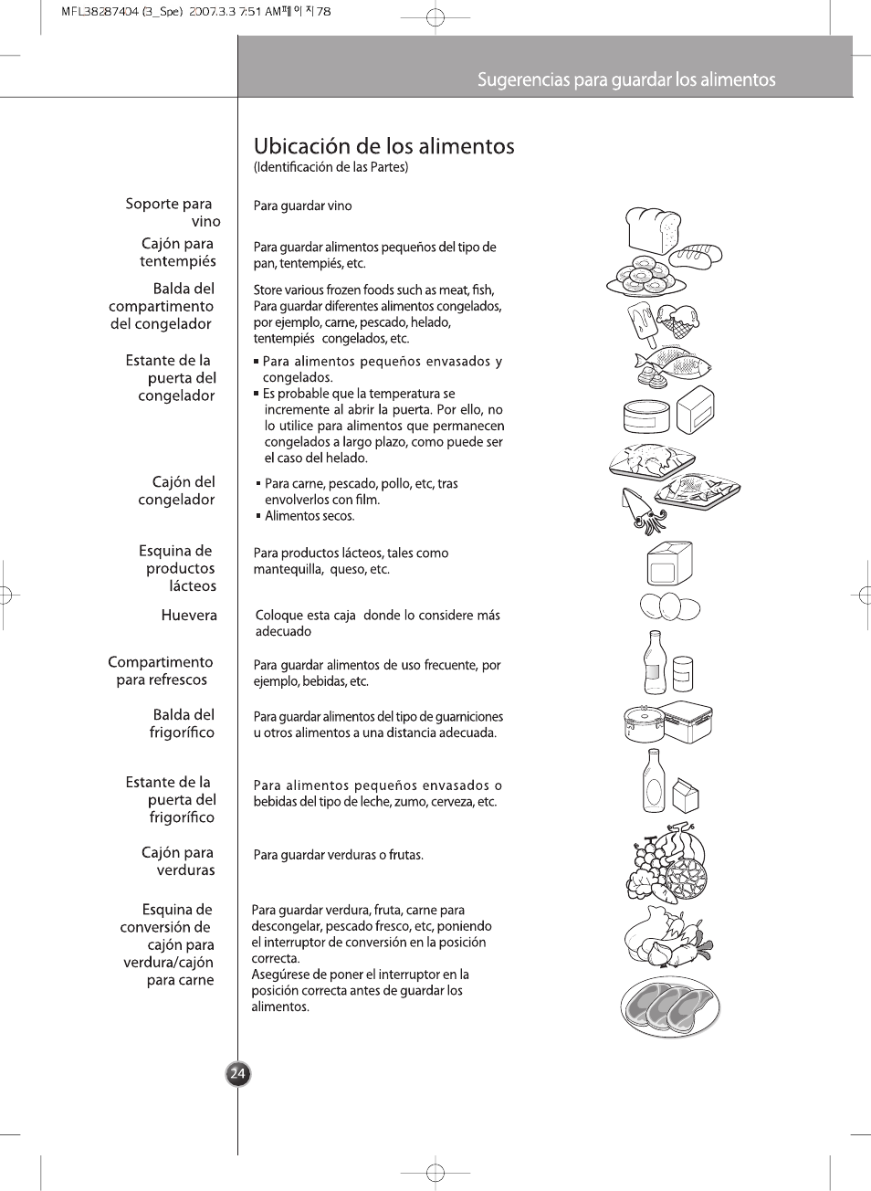 Ubicación de los alimentos, Sugerencias para guardar los alimentos | LG GRB2376EXR Manual del usuario | Página 24 / 36