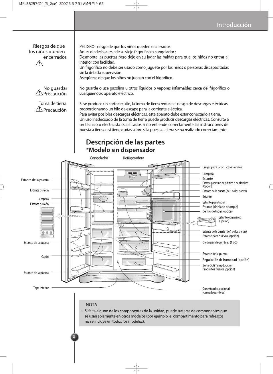 Descripción de las partes, Modelo sin dispensador | LG GRB2376EXR Manual del usuario | Página 4 / 36