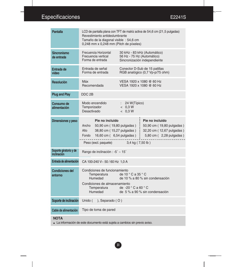 E2241s, Especificaciones | LG E1941S Manual del usuario | Página 32 / 39