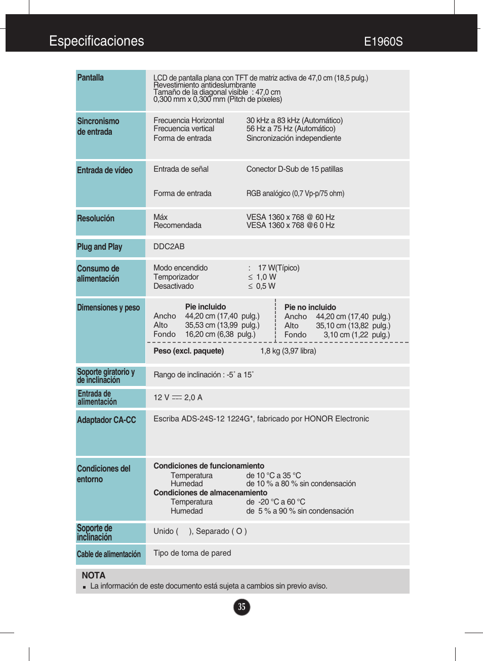 Especificaciones, E1960s | LG E2260S-PN Manual del usuario | Página 36 / 48