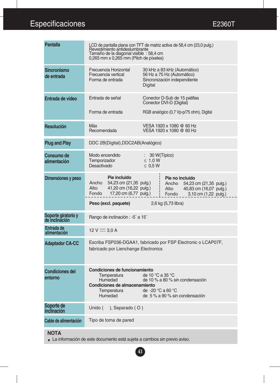 E2360t, Especificaciones | LG E2260S-PN Manual del usuario | Página 44 / 48