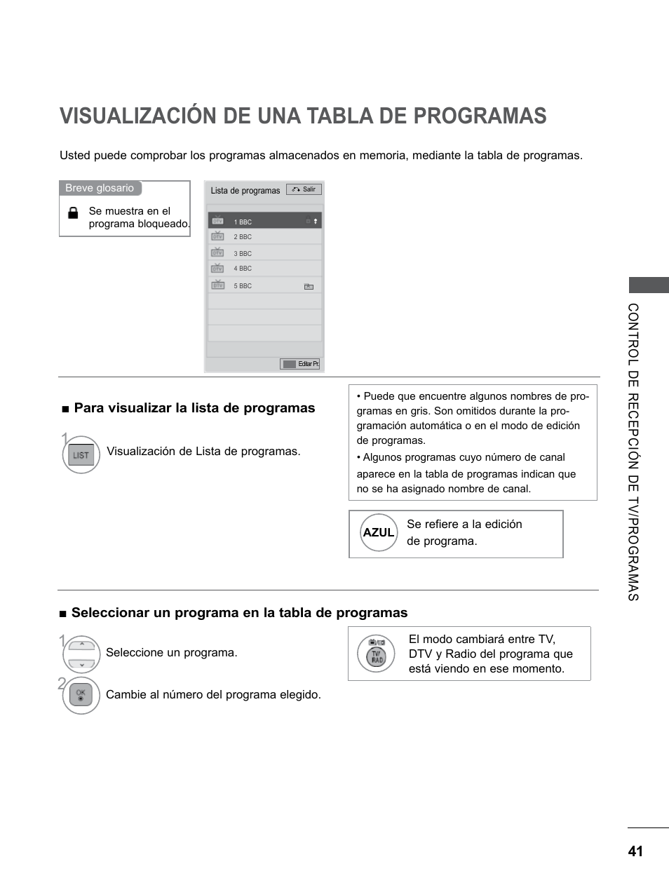 Visualización de una tabla de programas, Visualización de una tabla de, Programas | LG 26LD350 Manual del usuario | Página 89 / 206