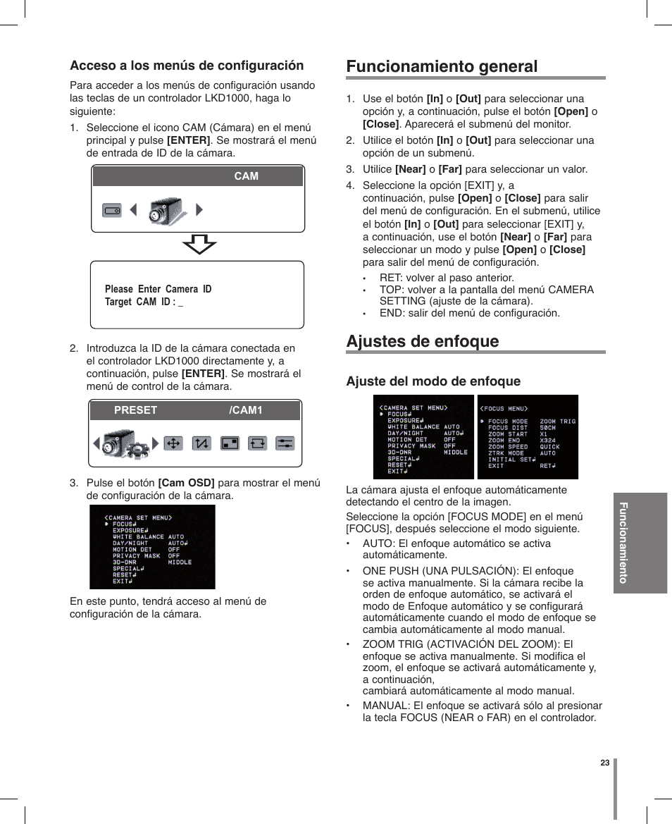 Funcionamiento general, Ajustes de enfoque | LG LT703P-B Manual del usuario | Página 23 / 32