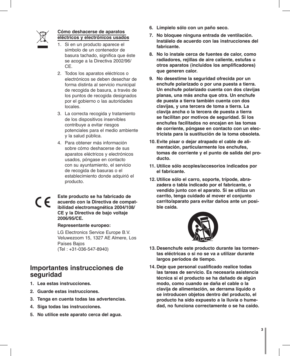 Importantes instrucciones de seguridad | LG LT703P-B Manual del usuario | Página 3 / 32