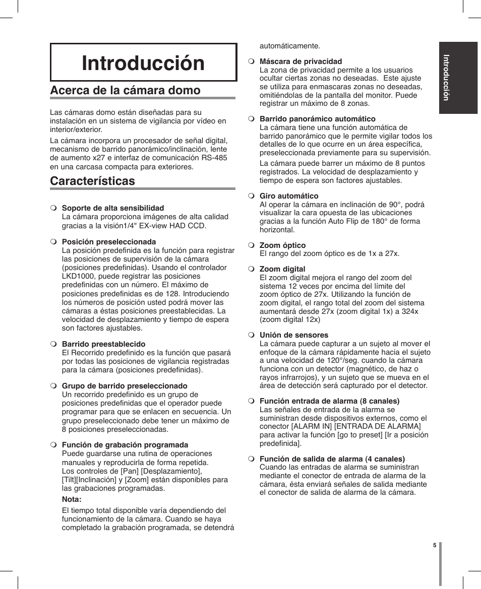 Introducción, Acerca de la cámara domo, Características | LG LT703P-B Manual del usuario | Página 5 / 32