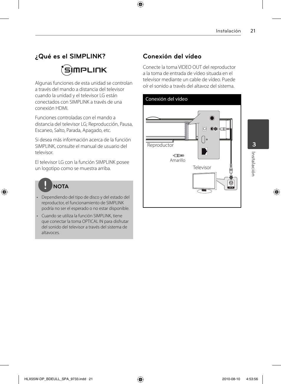 Qué es el simplink, Conexión del vídeo | LG HLX55W Manual del usuario | Página 21 / 94