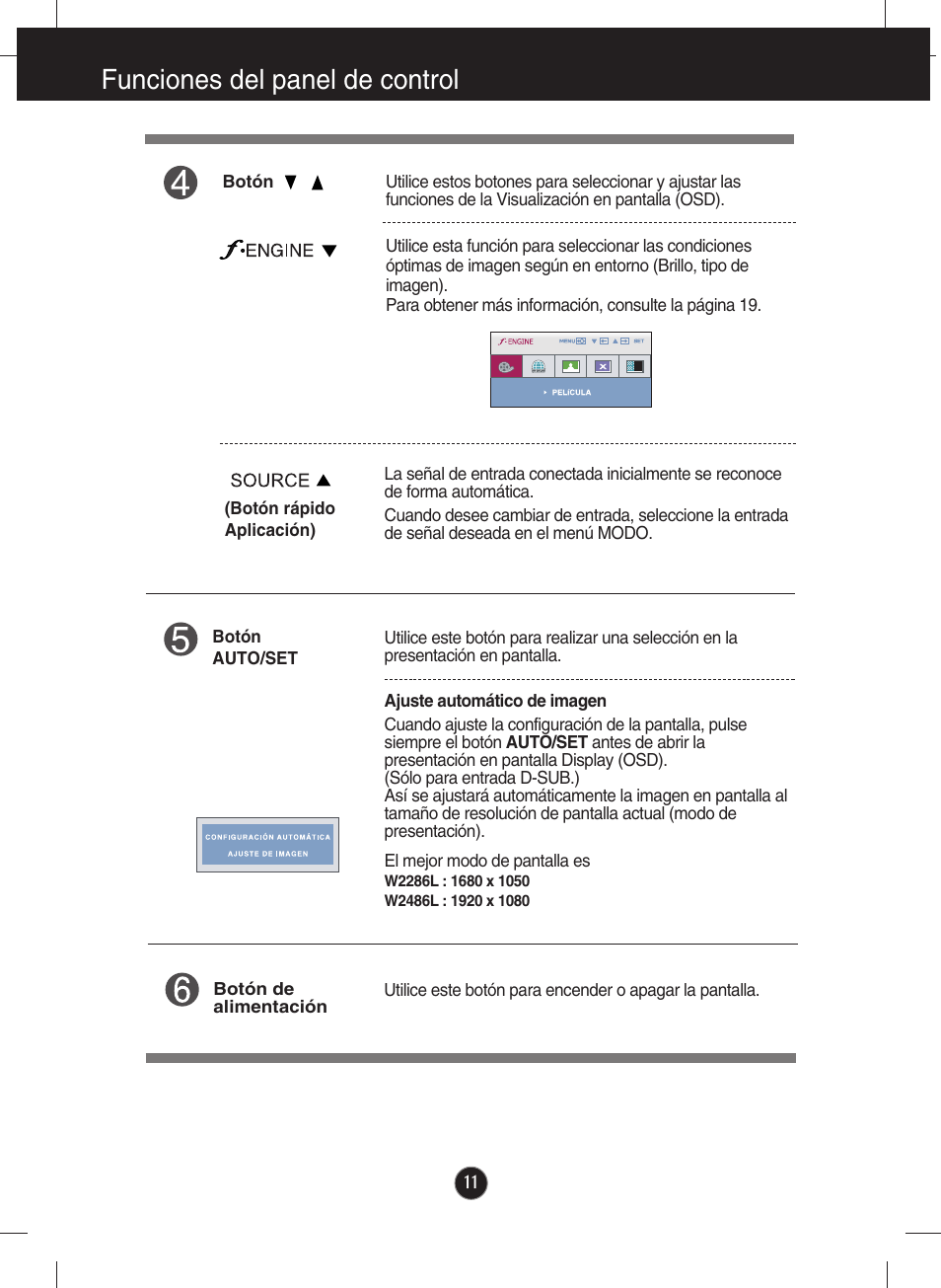 Funciones del panel de control | LG W2486L-PF Manual del usuario | Página 12 / 33