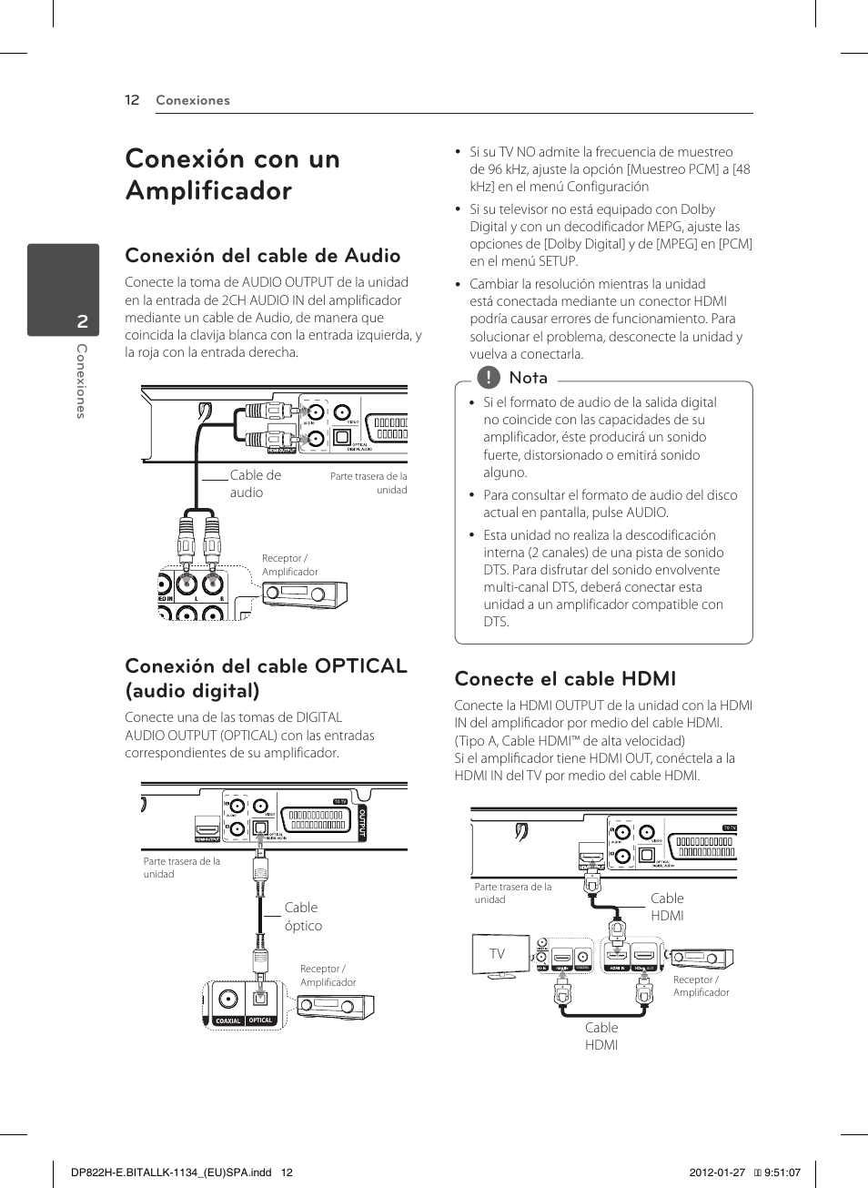 Conexión con un amplificador, Conexión del cable de audio, Conexión del cable optical (audio digital) | Conecte el cable hdmi | LG DP822H Manual del usuario | Página 12 / 24