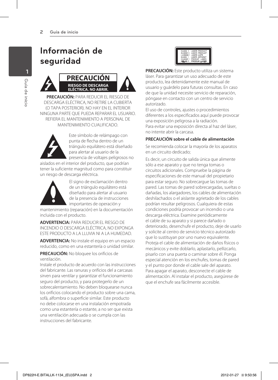 Información de seguridad, Precaución | LG DP822H Manual del usuario | Página 2 / 24