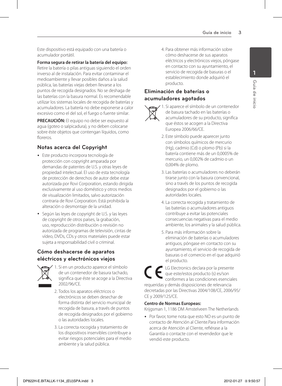 Notas acerca del copyright, Eliminación de baterías o acumuladores agotados | LG DP822H Manual del usuario | Página 3 / 24