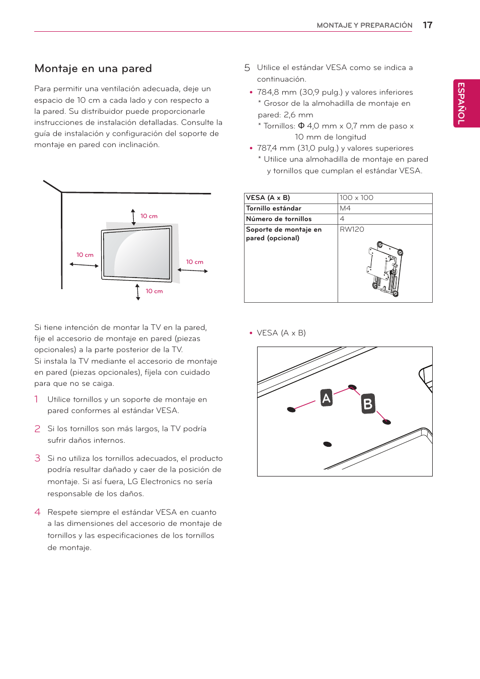 Montaje en una pared | LG 24MS53S-PZ Manual del usuario | Página 17 / 46