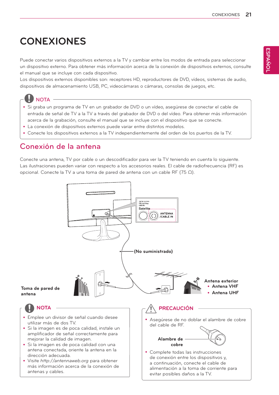 Conexiones, Conexión de la antena | LG 24MS53S-PZ Manual del usuario | Página 21 / 46