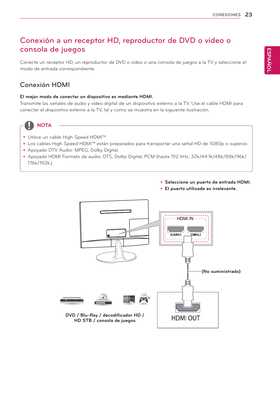 Conexión hdmi, 23 conexión a un receptor hd, reproductor, De dvd o vídeo o consola de juegos | LG 24MS53S-PZ Manual del usuario | Página 23 / 46