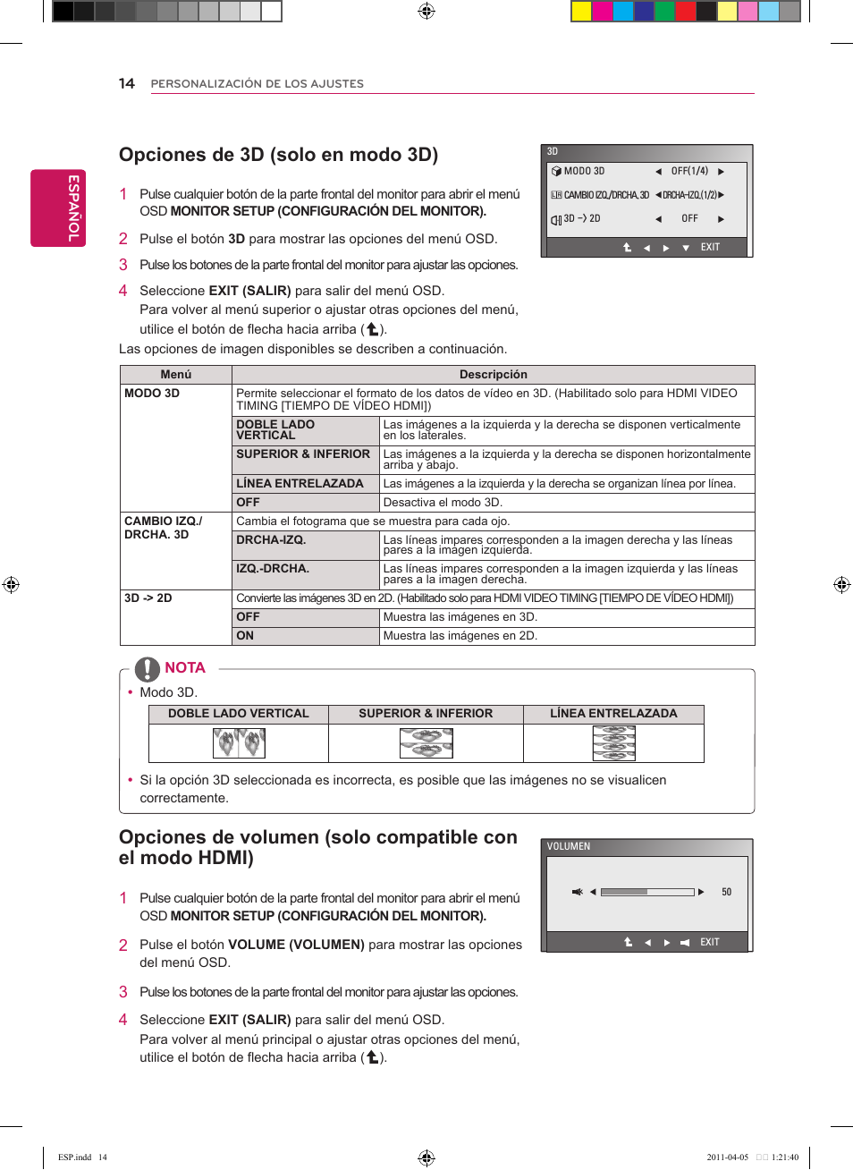Opciones de 3d (solo en modo 3d), Opciones de volumen (solo compatible, Con el modo hdmi) | LG D2342P-PN Manual del usuario | Página 14 / 24