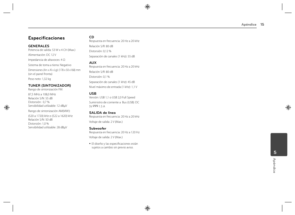 Especificaciones | LG LCS520IP Manual del usuario | Página 15 / 16