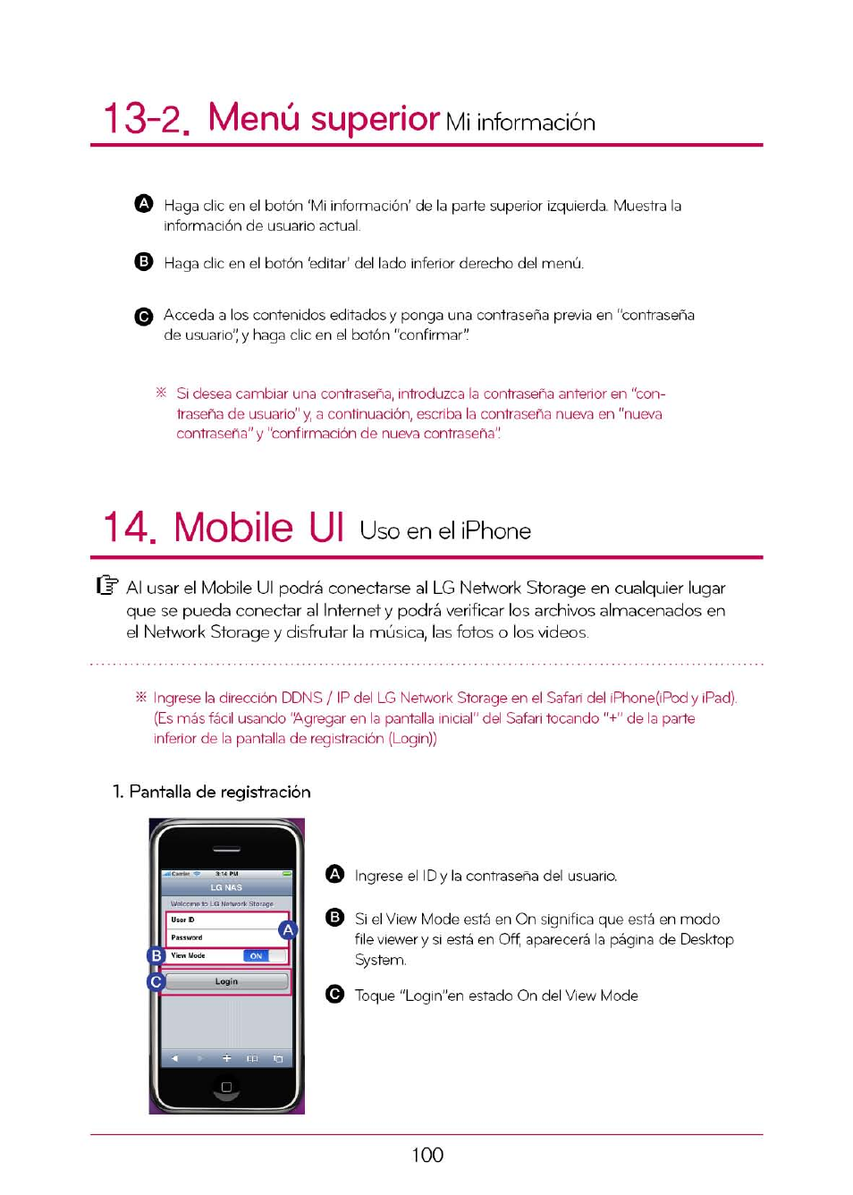 Mobile di uso en el iphone, Mobile di, 2. menú superior | Uso en el iphone | LG N1T1DD1 Manual del usuario | Página 100 / 110