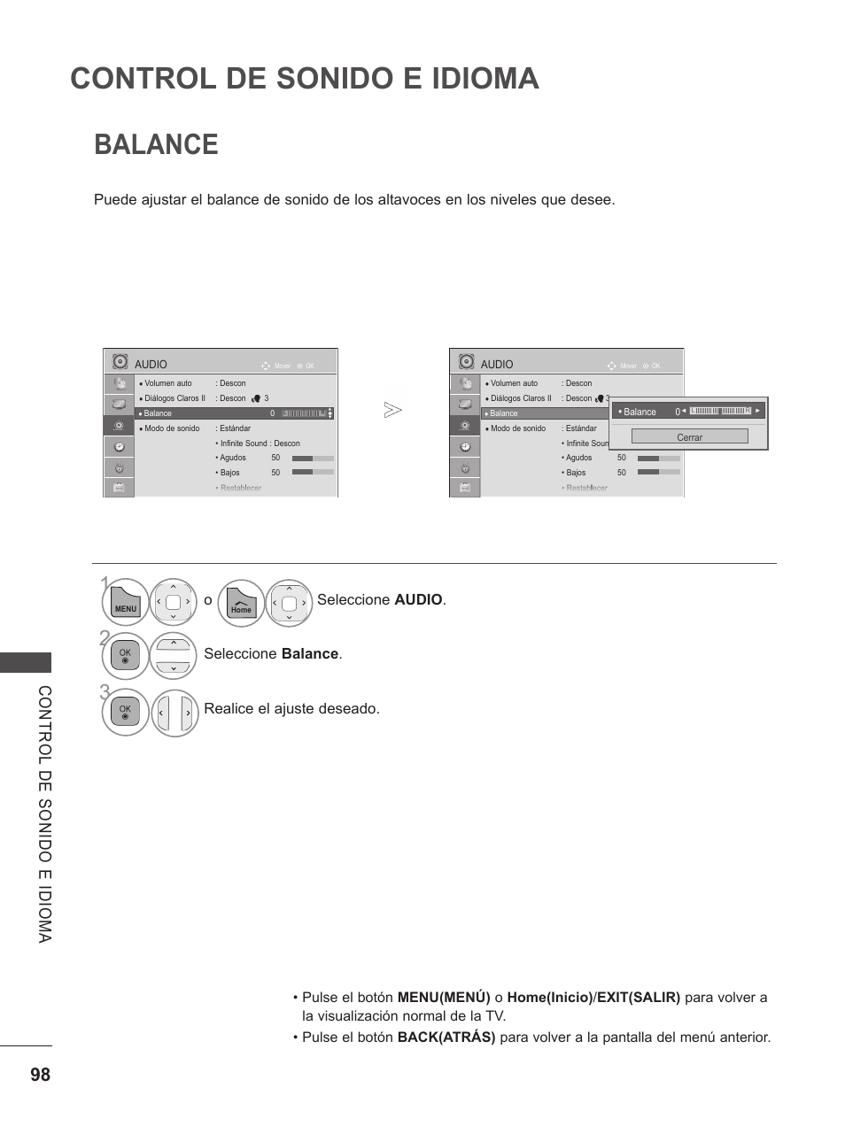 Balance, Control de sonido e idioma, O seleccione audio | Seleccione balance, Realice el ajuste deseado | LG 37LD650H Manual del usuario | Página 124 / 164